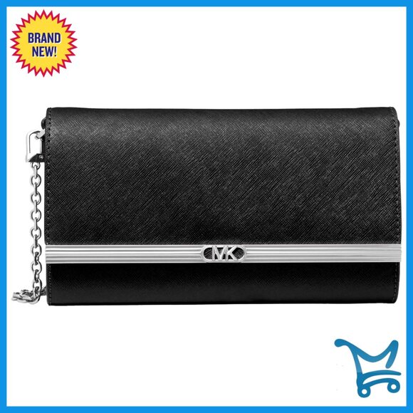 Large Saffiano Leather Clutch with Detachable Chain Strap